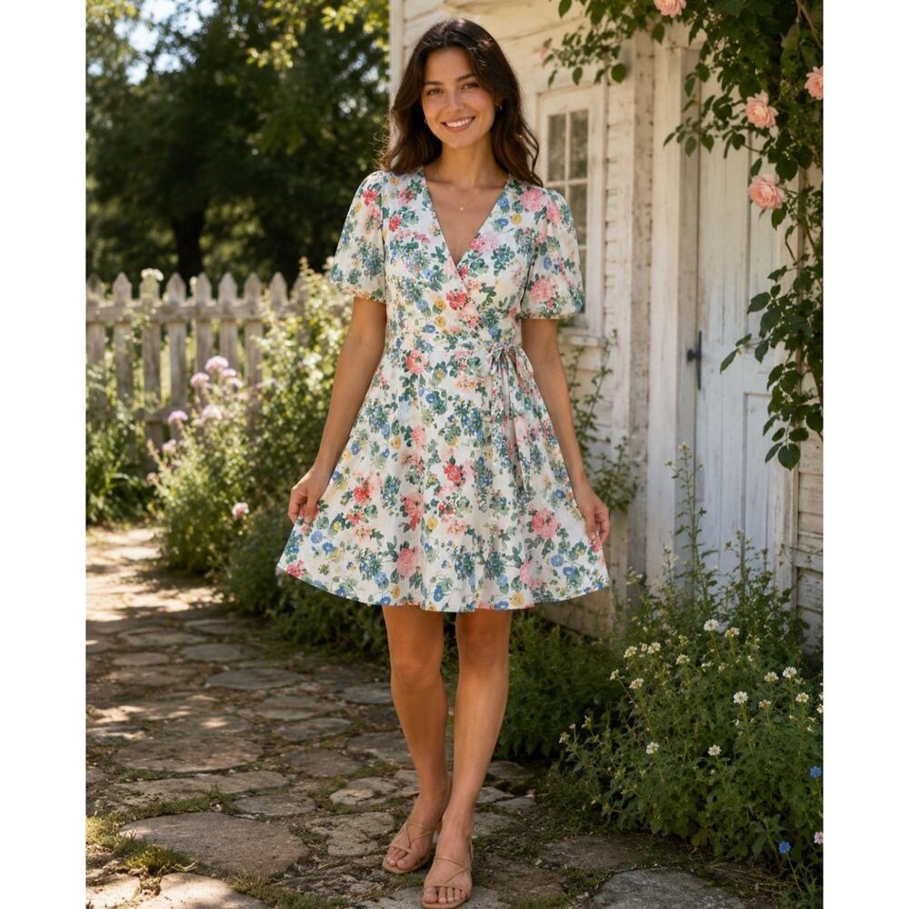 Old Navy Women Dress L Lite Pink Rose Linen Blend Puff Sleeve Wrap Floral